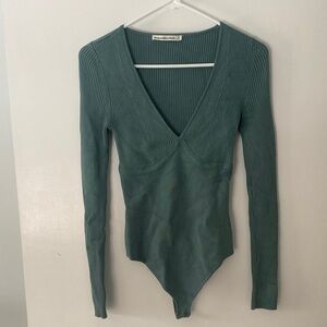 Ribbed V-Neck Long Sleeve Bodysuit - Green